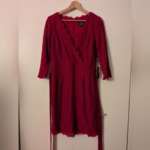 Adrianna Papell Long Sleeve Wrap Front Lace Cocktail Dress Red 6